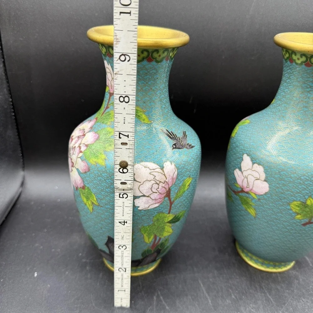 Vintage Chinese Teal Blue Cloisonne Enamel Brass Table Vases Pair Floral Birds - Picture 2 of 11